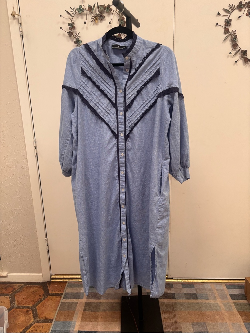 Pomander Place Light Blue Shirt Dress with Navy Lace Trim - Picture 3 of 7